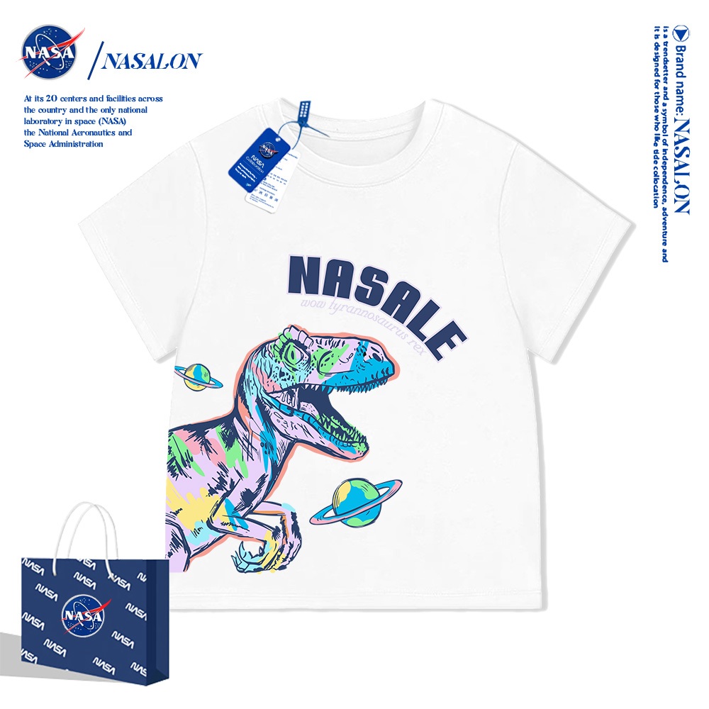 NASA เสื้อยืดเด็ก ผ้า cotton 100% เสื้อเด็กผู้ชาย ลายการ์ตูนไดโนเสาร์ ทรงหลวม ระบายอากาศดี ทรงสวมใส่สบาย
