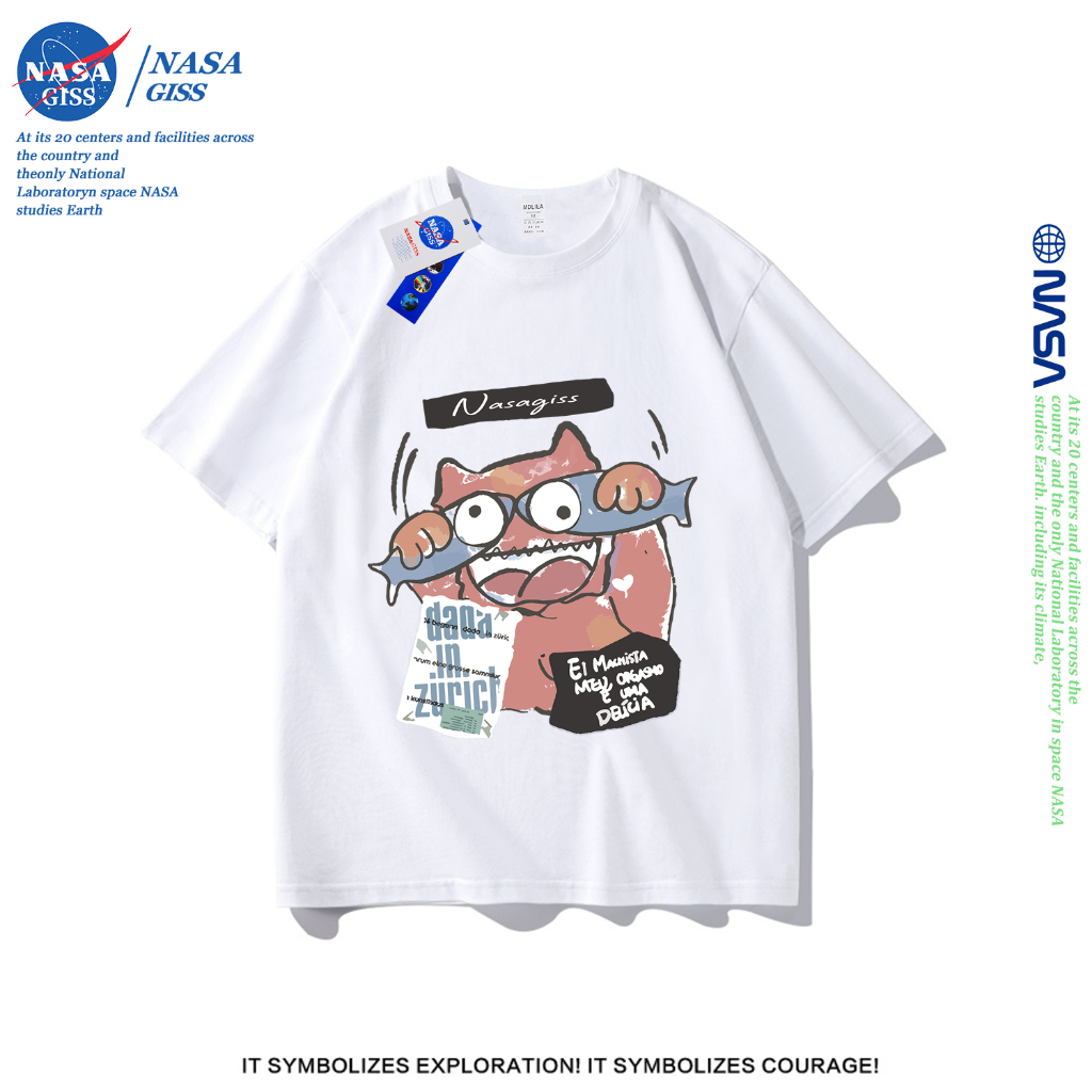 NASA เสื้อยืดชายหญิงแขนสั้น สตรีทฮิปฮอป summer แมวซุกซน พิมพ์ลาย คอตตอน คอกลม หลวมและระบายอากาศ