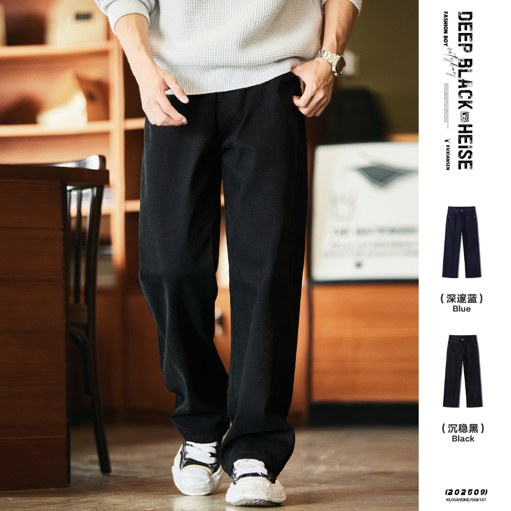 ซับขนแกะสีดํากางเกงยีนส์ตรงผู้ชาย2025ฤดูหนาวรูปแบบใหม่ฤดูใบไม้ร่วงฤดูหนาวหลวมพร็อพหนากางเกงลําลองหนาสไตล์