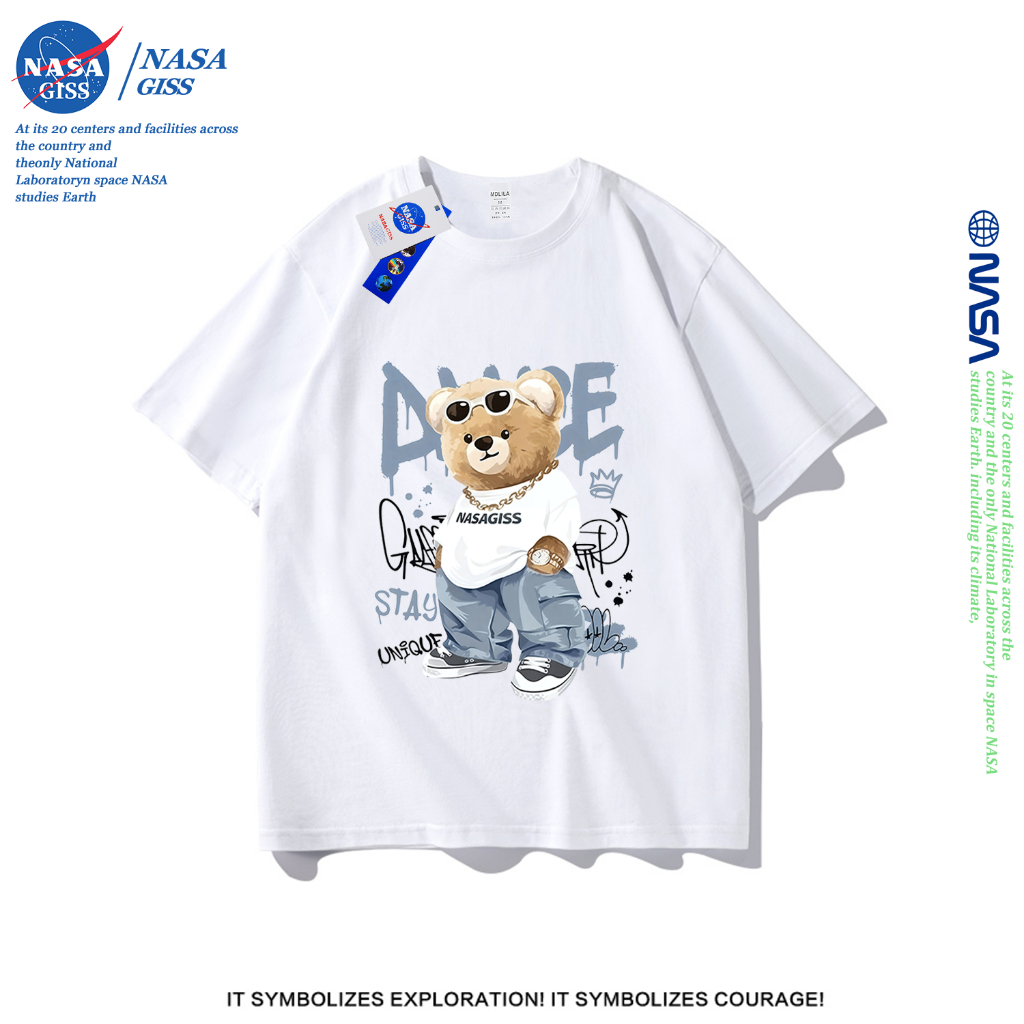NASA เสื้อยืดชายหญิงแขนสั้น สตรีทฮิปฮอป summer หมีสุดเท่ พิมพ์ลาย คอตตอน คอกลม หลวมและระบายอากาศ