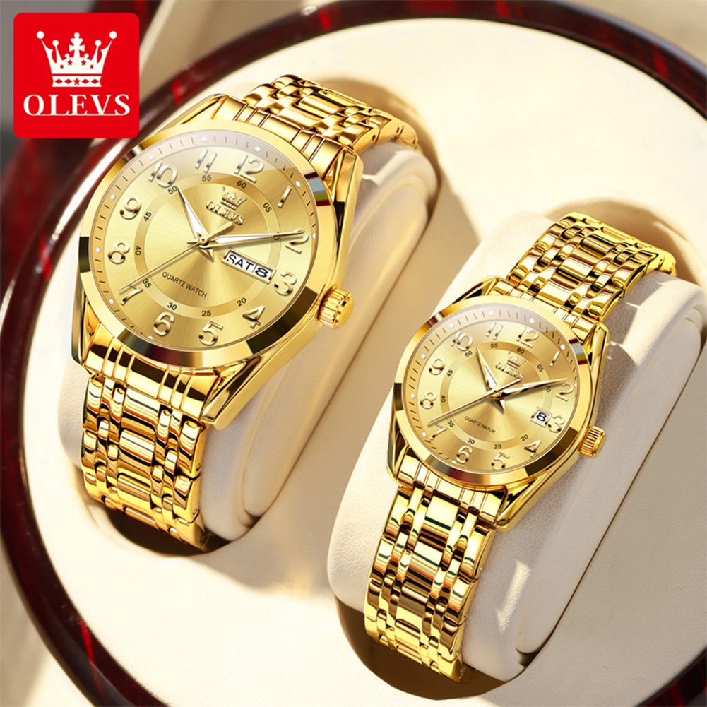 OLEVS 2 ชิ้น! มะกอก นาฬิกาคู่กันน้ําสแตนเลสหรูหราวันที่ควอตซ์นาฬิกาแฟชั่นลําลองสําหรับผู้ชายและผู้หญิง 3666