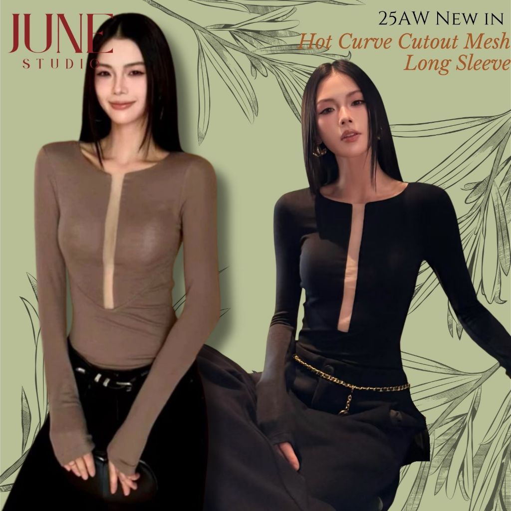 【Ready to Ship】 สาวร้อนสไตล์ V-Shaped Hollow เสื้อยืดแขนยาวพร้อม Coaster ฤดูใบไม้ร่วงฤดูหนาวการออกแบบ Sense Slim-fit Slimmer ดูเซ็กซี่ Niche Tailoring ประณีตด้านล่าง[JUNE STUDIO]