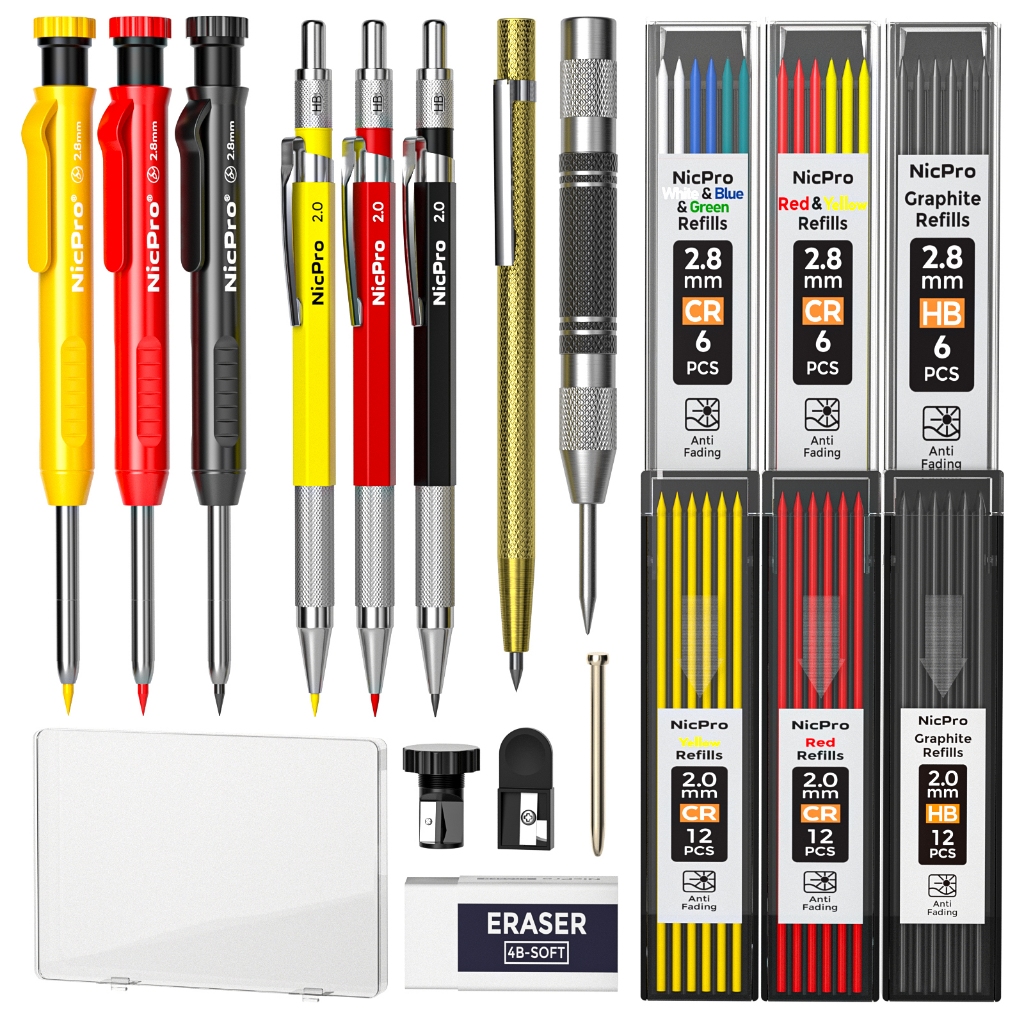 ไนซีโปร 18แพ็คช่างไม้ดินสอกล,ดินสอก่อสร้างที่มี60เติม,อัตโนมัติศูนย์หมัดและคาร์ไบด์เครื่องมือ,2.0มิลลิเมตรดินสอกลสําหรับงานไม้,ที่ดีที่สุดคาร์