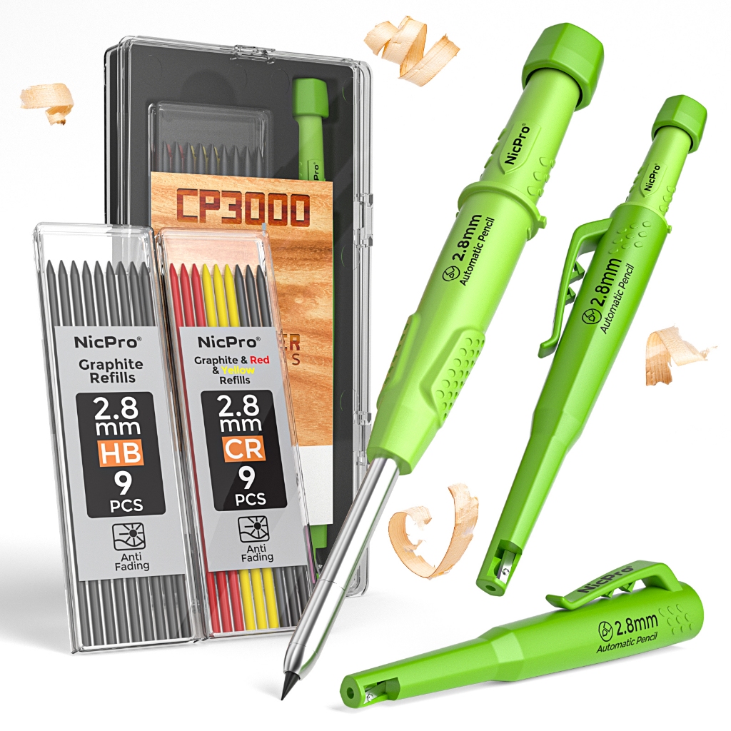 นิคโปร ซีพี3000 ดินสอช่างไม้พร้อมกบเหลาดินสอกด 2.8 มม. พร้อมไส้ 19 รีฟิลมาร์กเกอร์รูลึกสําหรับก่อสร้างดินสองานไม้สําหรับงานหนักเครื่องมือช่างไม้สีเขีย