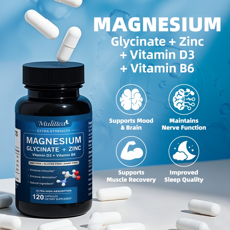 Mulittea Magnesium Glycinate 500mg ช่วยนอนหลับ ลดตะคริว คลายเครียด (อาหารเสริม) สำหรับกล้ามเนื้อ หัวใจ เส้นประสาท กระดูก