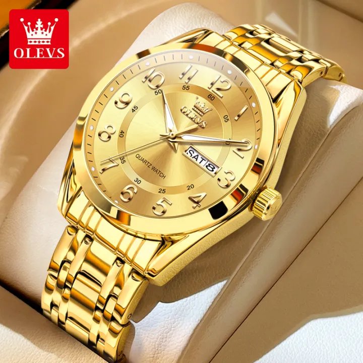 OLEVS มะกอก นาฬิกาทองสําหรับผู้ชายกันน้ําเดิมหรูหราสแตนเลสวันที่นาฬิกาดิจิตอลส่องสว่าง3666