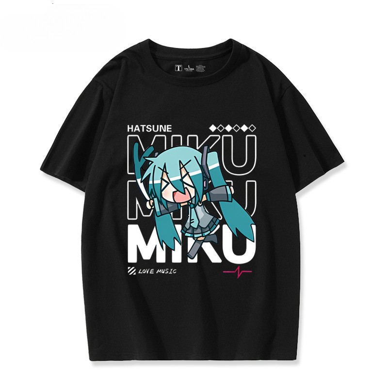 เสื้อยืดพิมพ์อนิเมะฮัตสึเนะ มิกุ แขนสั้นสำหรับทั้งชายและหญิง ทำจากผ้าฝ้ายบริสุทธิ์ เสื้อดีไซน์สองมิติ