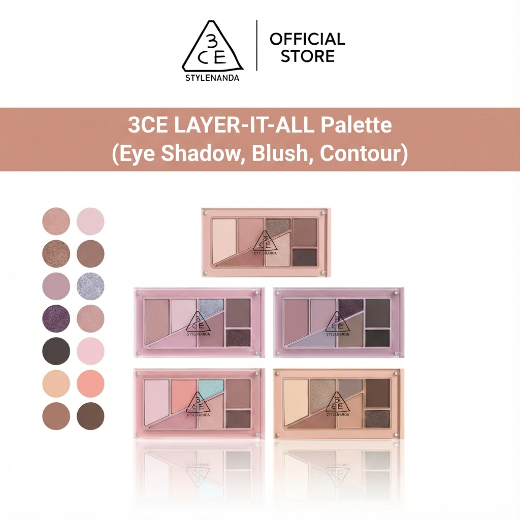 3CE LAYER-IT-ALL Palette (อายแชโดว์, บลัชออน, คอนทัวร์) Palette Eyeshadow Blush Contour Palette 7.5g