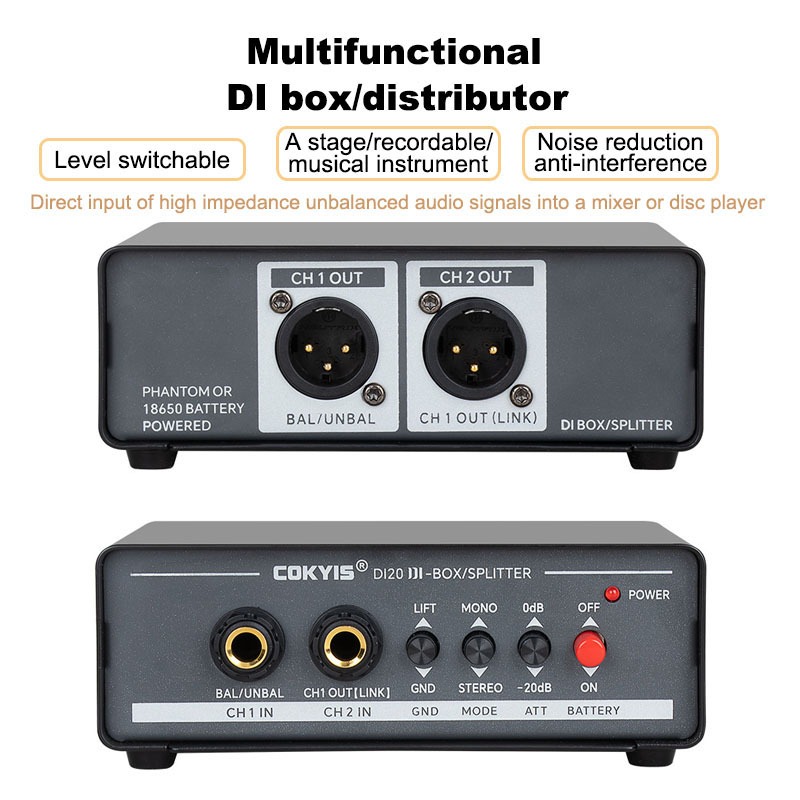 DI20 Active DI Box 2-Channel,Low Noise SPLITTER/DI Box สําหรับ Stage Guitar Recording Mixer