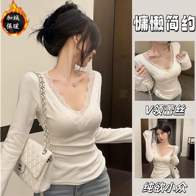 【WJZ】เสื้อยืดแขนยาวคอวีแต่งลูกไม้สไตล์เกาหลีสำหรับผู้หญิง【7856】