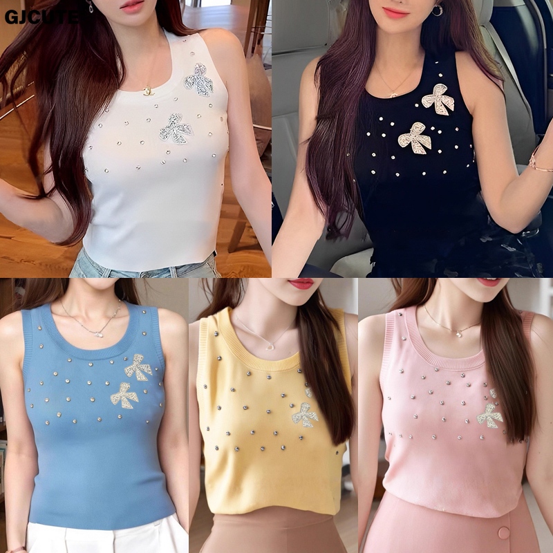 GJCUTE ผู้หญิงรอบคอ Bowknot Rhinestone ลูกปัดเสื้อกั๊กแขนกุด Causual All-match Tops WTD