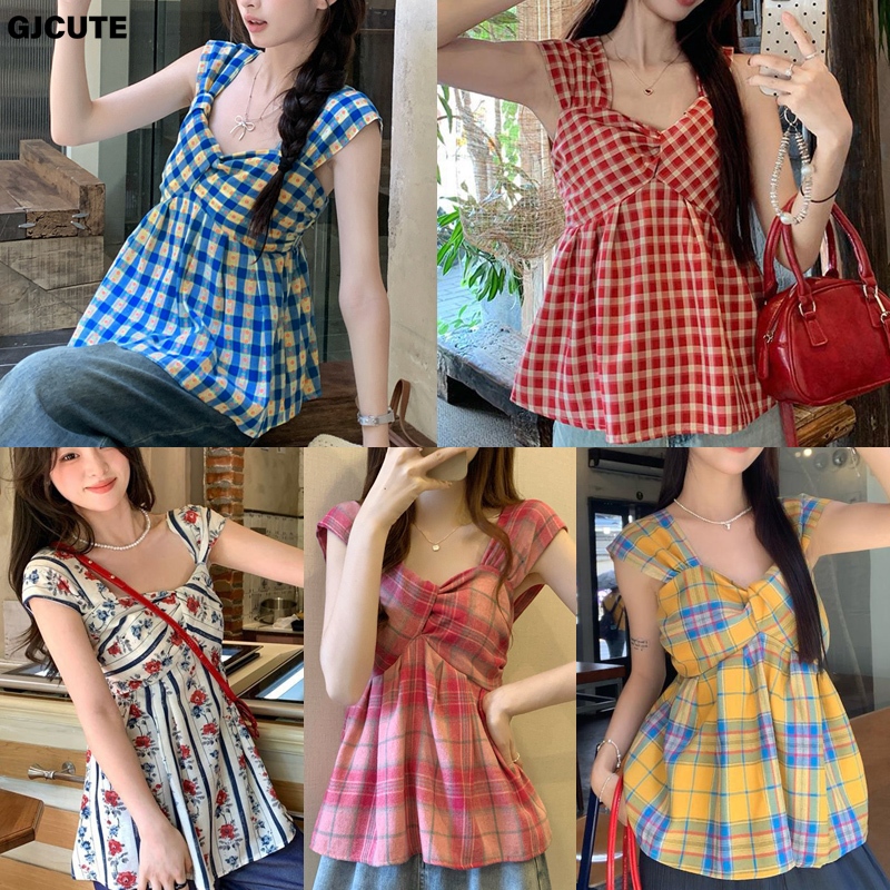 Gjcute ฤดูร้อนผู้หญิง Retro ลายสก๊อตดอกไม้คอสี่เหลี่ยมแขนกุดน่ารัก Casual เสื้อกล้าม WTD