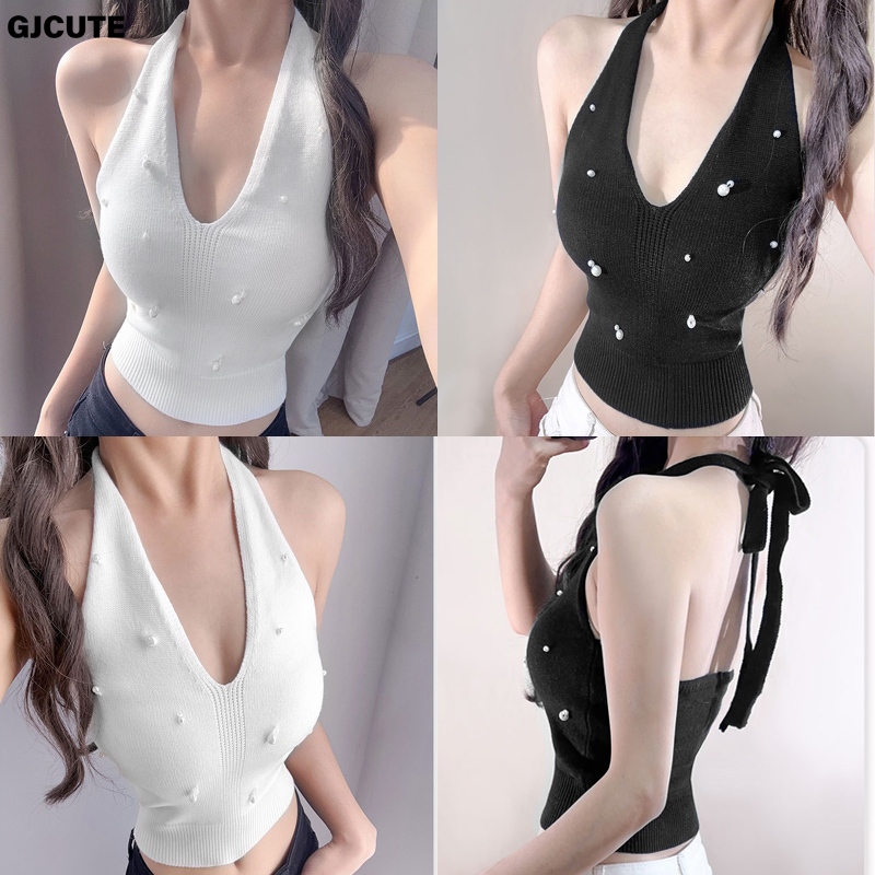 Gjcute แฟชั่นภาษาฝรั่งเศสคําลูกปัด Halter คอ Tie Knot Backless ถักเสื้อกั๊กสําหรับผู้หญิง WTD