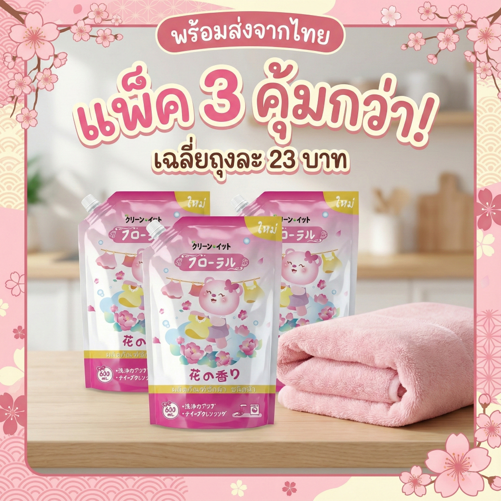 【ซื้อ 2 แถม 1】[ใหม่] น้ำยาซักผ้า กลิ่น Floral 🌸 หอมติดทนาน สไตล์ญี่ปุ่น 600ml ขจัดคราบ ลดกลิ่นอับ