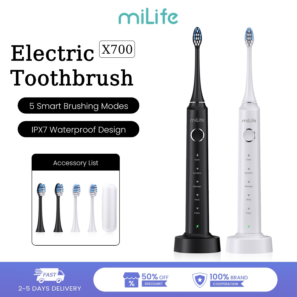 MiLife X700 แปรงสีฟันไฟฟ้าโซนิค 5 โหมดการแปรงฟันจับเวลาอัจฉริยะและปิดอัตโนมัติ IPX7 กันน้ํา