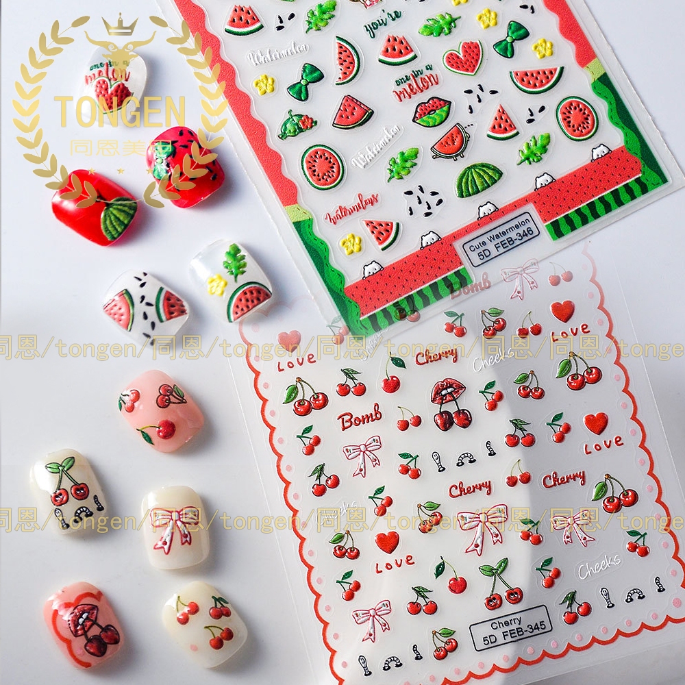 สติ๊กเกอร์ชุดผลไม้แตงโมเชอร์รี่สตรอเบอร์รี่ราสเบอร์รี่พีชหัวใจนูนสติกเกอร์แต่งเล็บสวมใส่ตกแต่งเล็บ