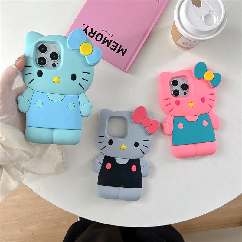 สําหรับ iPhone 12 13 Pro Max 12Pro 13Pro 14 15 Pro Max ปลอก 3D สามมิติการ์ตูนกระต่ายโบว์ Hello Kitty เคสโทรศัพท์ซิลิโคนอ่อนนุ่ม
