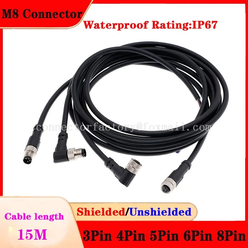ความยาวสายไฟ 15 เมตร M8 การบินชายหญิงปลั๊ก 3Pin 4Pin 5Hole 6Pin 8Core กันน้ํา IP67 Connector