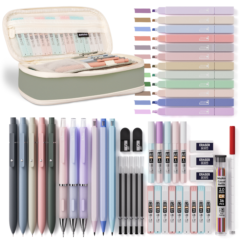 Nicpro 50 ชิ้น Aesthetic School Supplies Set with Pen Case, 6 ชิ้น 0.5 มม. & 0.7 มม. & 0.9 มม., ปากกาเจล 5 ชิ้น, ไฮไลท์ 12 สี, ใช้สําหรับเขียนและร่าง