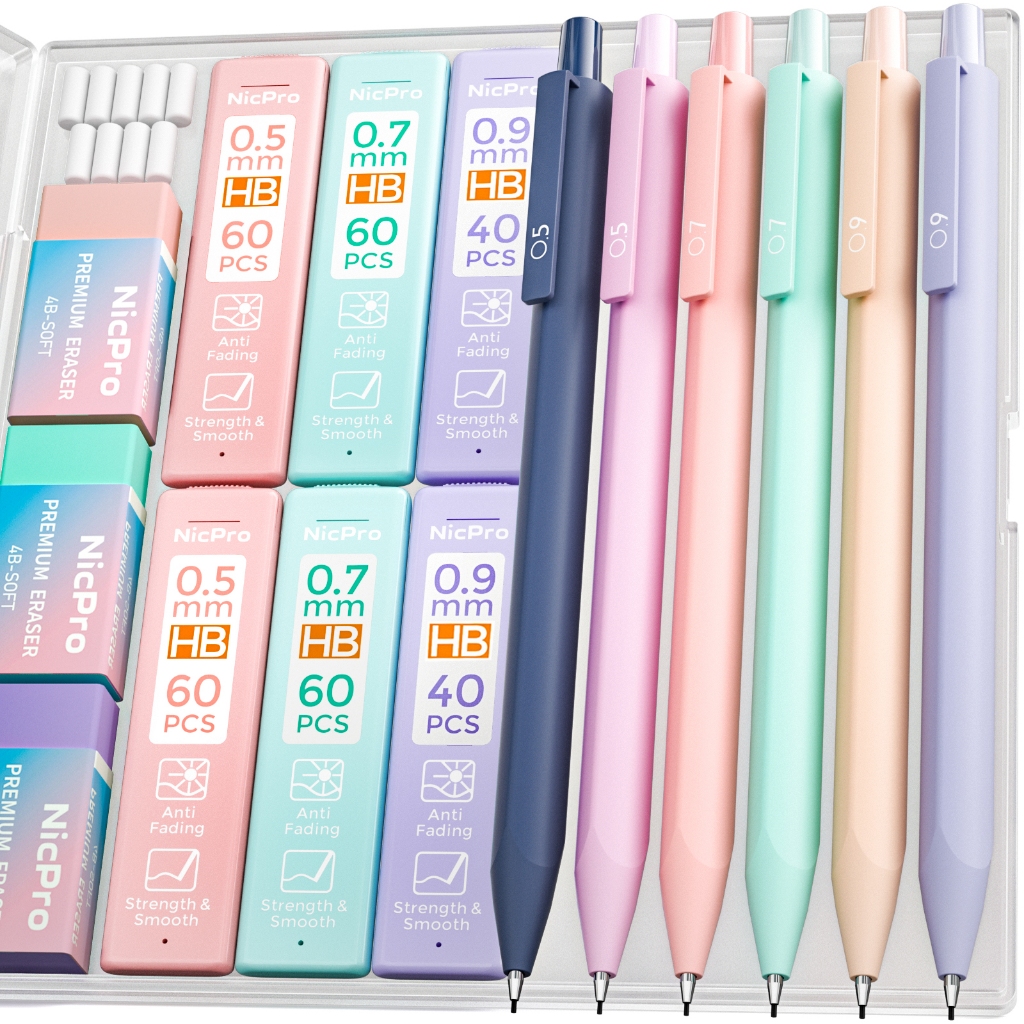 ชุดดินสอกดสีพาสเทล Nicpro 6 ชิ้นพร้อมเคสดินสอร่างน่ารัก 0.5 มม. & 0.7 มม. & 0.9 มม. พร้อมไส้ไส้ไส้ HB ยางลบ ไส้ยางลบ อุปกรณ์การเรียนสุนทรีย