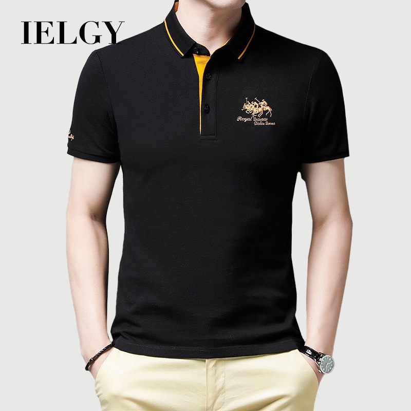 IELGY Summer lapel เย็บปักถักร้อย POLO แฟชั่นลําลองกีฬาแขนสั้นผู้ชายด้านบน