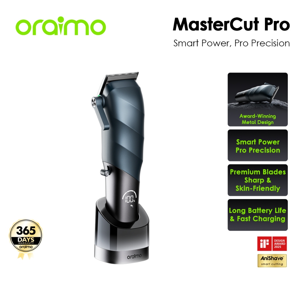 oraimo MasterCut Pro เครื่องตัดผมไร้สาย มอเตอร์แรงเงียบ ใบมีดคู่ DLC+เซรามิก คมไม่บาดผิว แบตอึด 4500mAh ใช้นาน 5 ชม. ชาร์จเร็ว Type-C 2 ชม. กันน้ำ IPX4 ได้รางวัล iF Design Award 2025