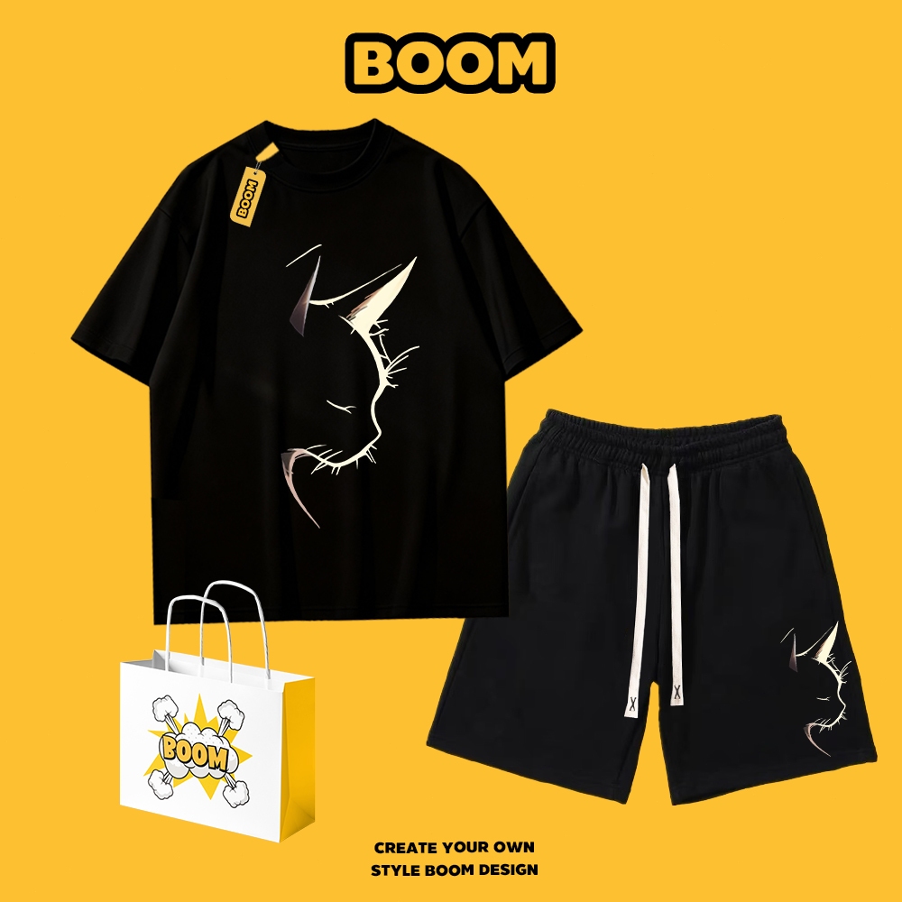 BOOM ชุดเซ็ทผู้ชาย เสื้อยืดผู้ชาย กางเกงขาสั้นผู้ชาย (เสื้อ+กางเกงขาสั้น) ลายพิมพ์แมวสุดชิค แฟชั่นคลาสสิก มินิมอล