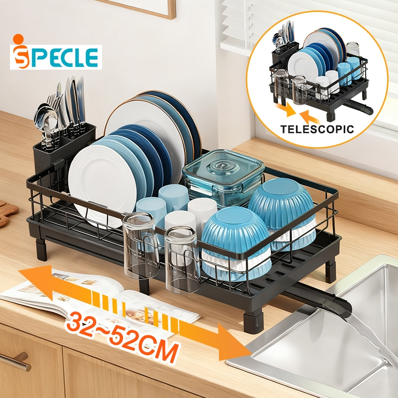iSPECLE ที่คว่ำจาน 1ชั้น ปรับขนาดได้ เหล็กคาร์บอนเคลือบสีดำ วางบนเคาน์เตอร์ครัว ระบายน้ำดี Dish Rack Black