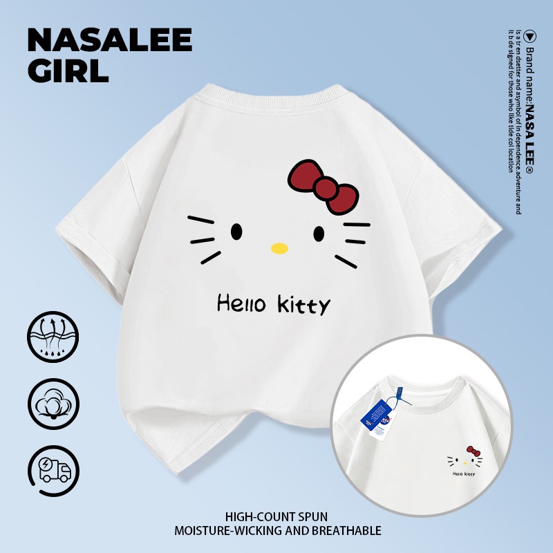 【จัดส่งทันที】เสื้อยืดเด็ก NASA สีขาว ผ้าฝ้ายระบายอากาศดี ลายเฮลโลคิตตี้ สำหรับเด็กอายุ 3-16 ปี