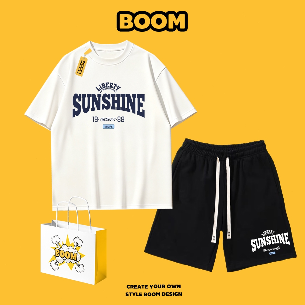 BOOM ชุดเซ็ทผู้ชาย เสื้อยืดผู้ชาย กางเกงขาสั้นผู้ชาย (เสื้อ+กางเกงขาสั้น) แฟชั่นคลาสสิก มินิมอล oversize ชุดคู่