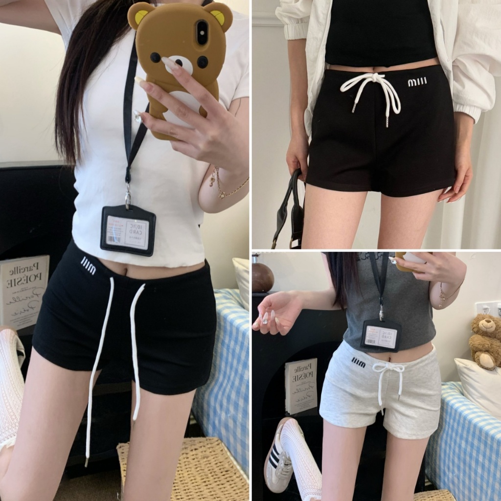 Hotgirl พร้อมส่ง กางเกงขาสั้นเชือกผูกสีพื้นสำหรับผู้หญิง ลำลอง ทรงสลิม นุ่มและใส่สบาย