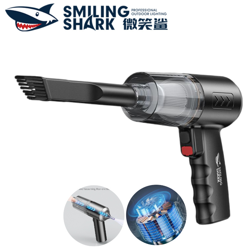 SMILING SHARK เครื่องดูดฝุ่นขนาดเล็กแบบพกพาในรถยนต์เครื่องดูดฝุ่นทรงพลัง Type-c ชาร์จสะดวกทําความสะอ