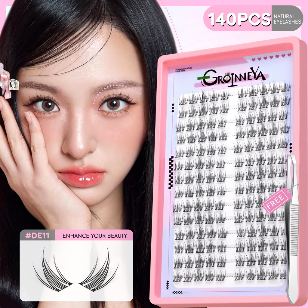 GROINNEYA ขนตาปลอมธรรมชาติ Faux Mink อะนิเมะ Curled Cat Eye ยาว Cluster Lashes Extension