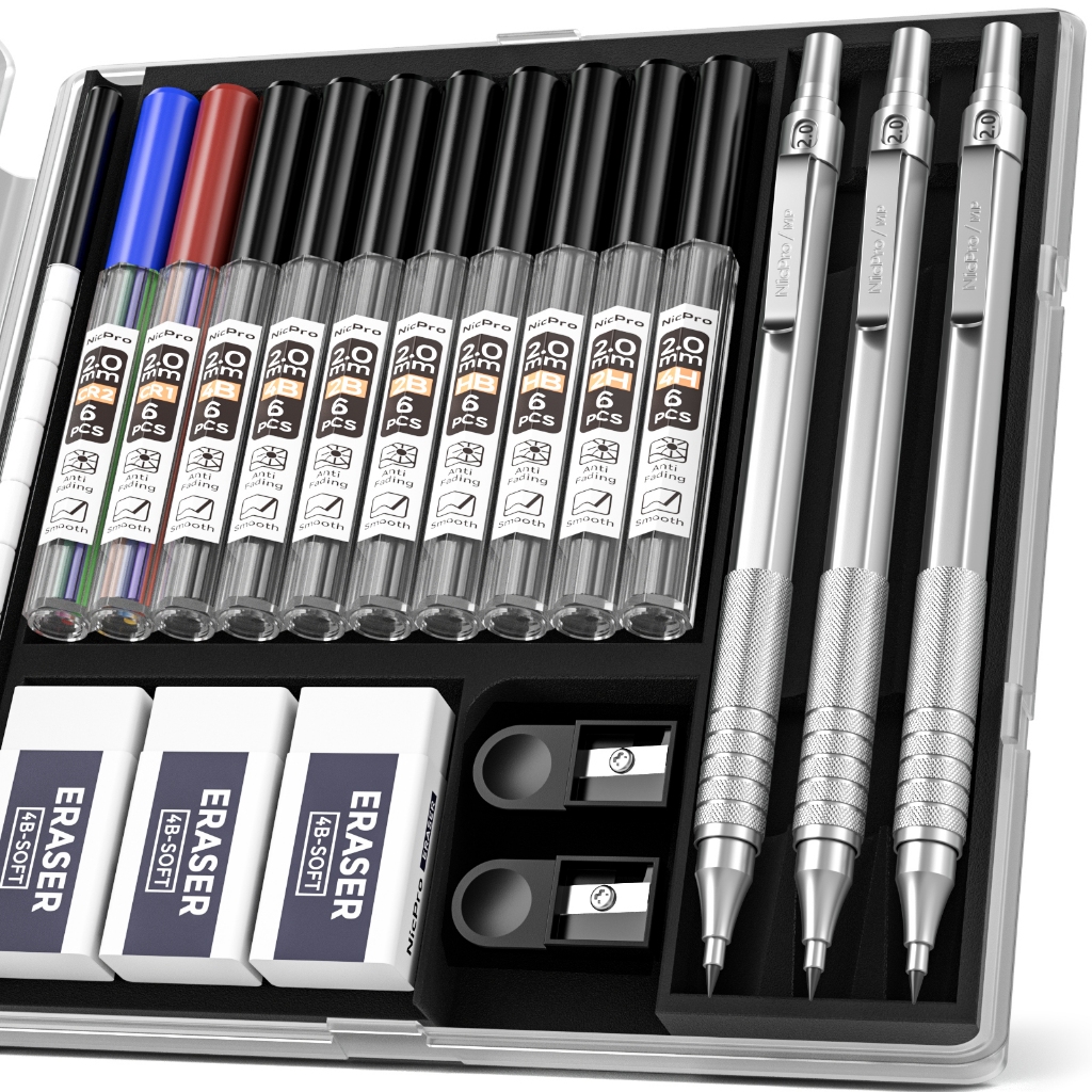 ชุดดินสอกด Nicpro Metal 2.0 พร้อมเคส, ที่ใส่ตะกั่วร่าง 3 ชิ้นพร้อมไส้กราไฟท์ 10 หลอด 2 มม. (HB 2H 4H 2B 4B) & สี, กบเหลา, ยางลบสําหรับการเขียนศิลปิน,
