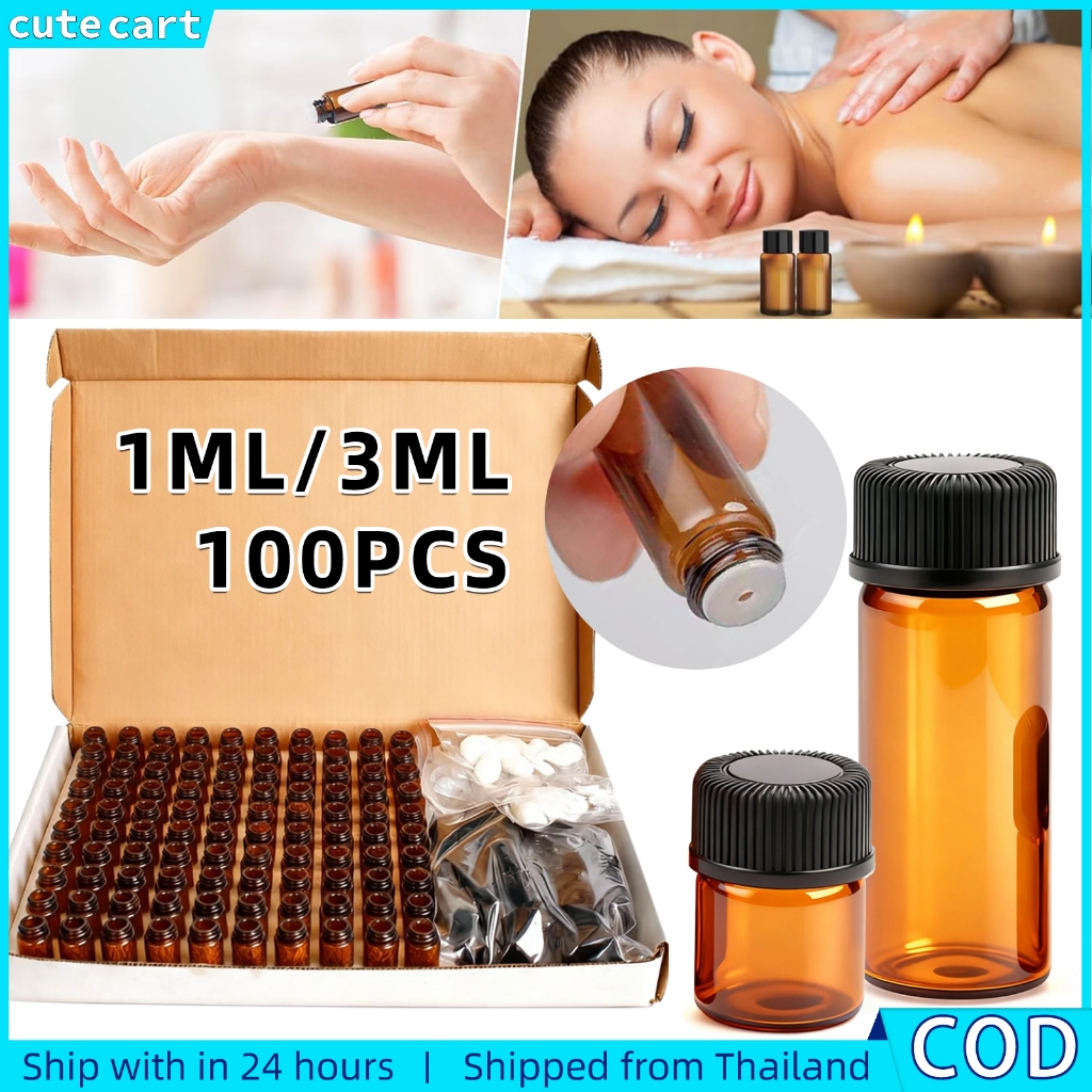 ขวดน้ํามันหอมระเหยแก้วสีเหลืองอําพัน 100 ชิ้น (1 มล./3 มล.) - ขวดตัวอย่างรีฟิลพร้อมฝาสีดําชุดกล่องของขวัญ