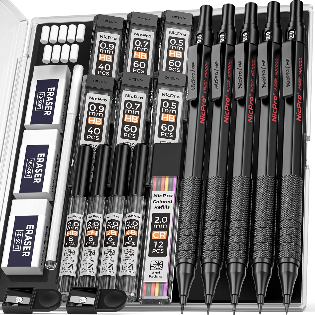 Nicpro 22PCS Art ชุดดินสอกด,สีดําศิลปินโลหะร่างดินสอ 0.5 & 0.7 & 0.9 มม. & 2PCS 2 มม.ผู้ถือตะกั่วกราไฟท์(4B 2B HB 2H) สําหรับวาดเขียน Sketching พร้อมตะกั่ว R