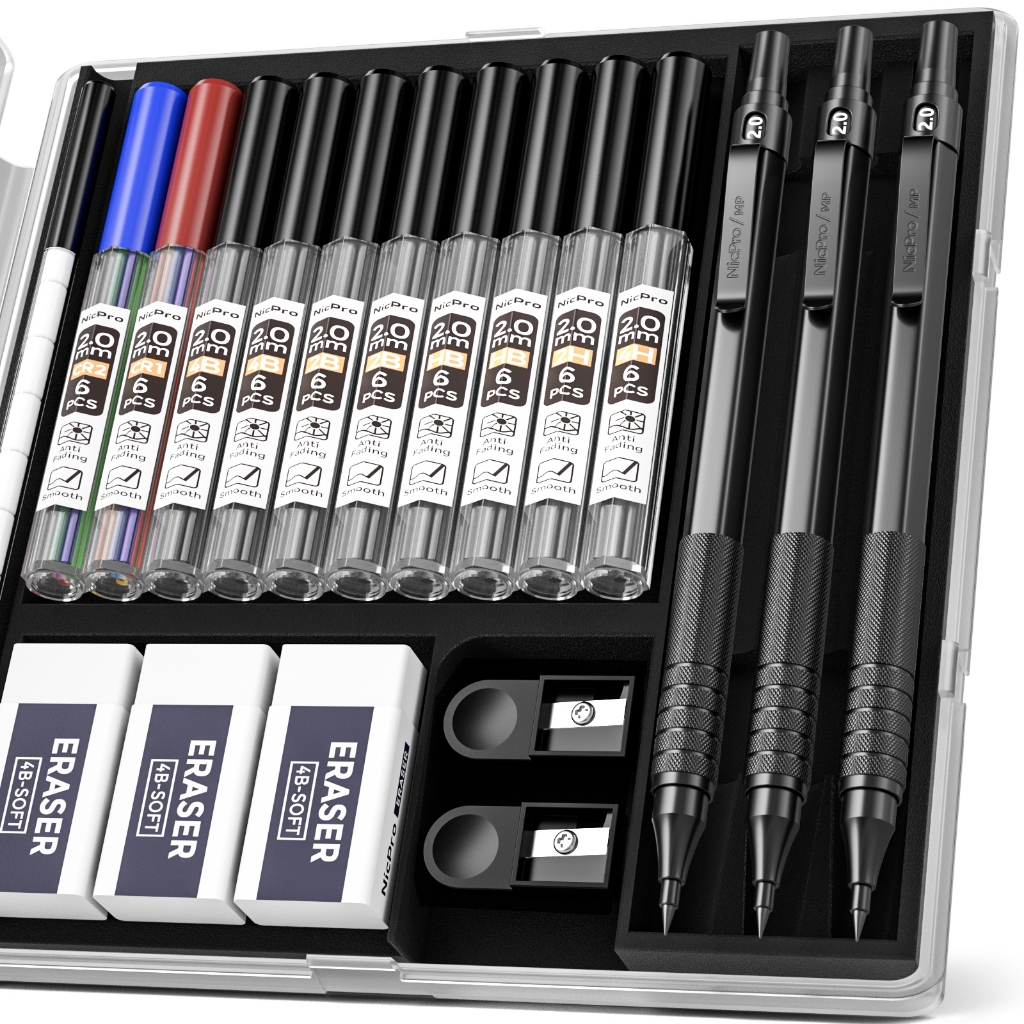 ชุดดินสอกด Nicpro Black Metal 2.0 พร้อมเคส, ที่ใส่ตะกั่วร่าง 3 ชิ้นพร้อมไส้กราไฟท์ 2 มม. (HB 2H 4H 2B 4B) และสี, กบเหลา, ยางลบสําหรับการเขียนศิลปิน