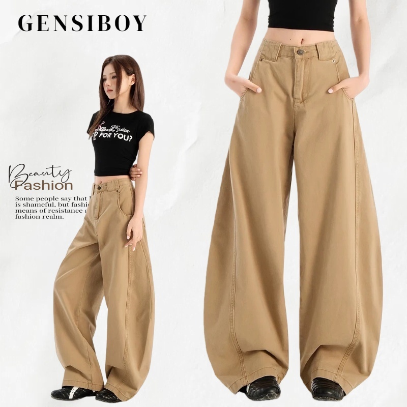 GENSIBOY ກางເກງຢີນຜູ້ຊາຍ ສີຄາກີ ຂາກວ້າງໂค້ງ (Balloon) ສະໄຕລ໌ແບບອາເມຣິກັນ Baggy Jeans