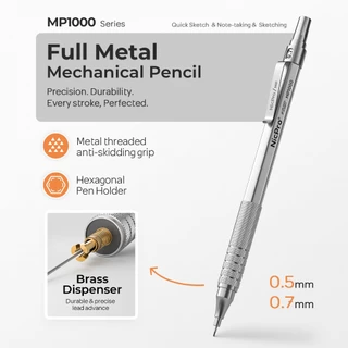 Nicpro 2 ชิ้น ดินสอกด 0.5 มม. & 0.7 มม. พร้อมเคส, MP1000 โลหะชุดดินสอศิลปินพร้อมไส้ตะกั่ว HB 4 หลอด, ยางลบ 2 อัน, ไส้ยางลบ 9 ไส้สําหรับการเขียนศิลปะการวาดภาพ,