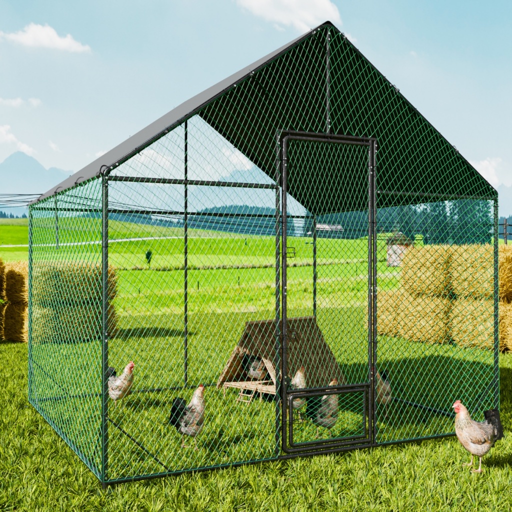 XXL ขนาดกลางแจ้งไก่ Coop ไก่โลหะกลางแจ้ง Coop Walk-in กรงสัตว์ปีก Run CAGE พร้อมผงเงินเคลือบหลอดทาสี, ฝาครอบทนน้ําสําหรับ Backyard