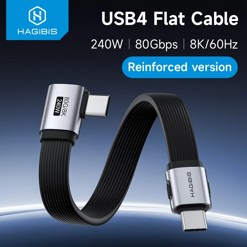 Hagibis USB4 V2 สาย 90 องศามุมขวา USB-C ถึง USB-C สาย Type-C Fast สายชาร์จ PD 240W 80Gbps 8K สําหรับ iPhone 17 MacBook สมาร์ทโฟน Hard Drive Enclosure