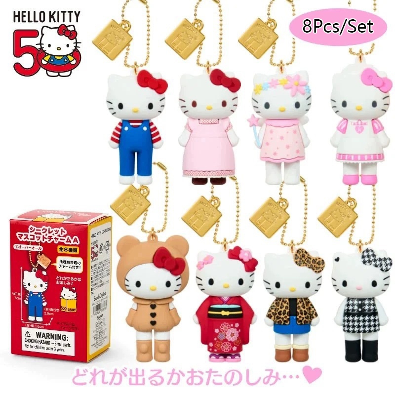 8 ชิ้น/เซ็ต 8 ซม.อะนิเมะ Hello Kitty 50th Anniversary Exhibition ขายาวสีดําผิวแมวกระเป๋านักเรียนจี้ Key Chain PVC รูปตุ๊กตาของเล่นของขวัญ