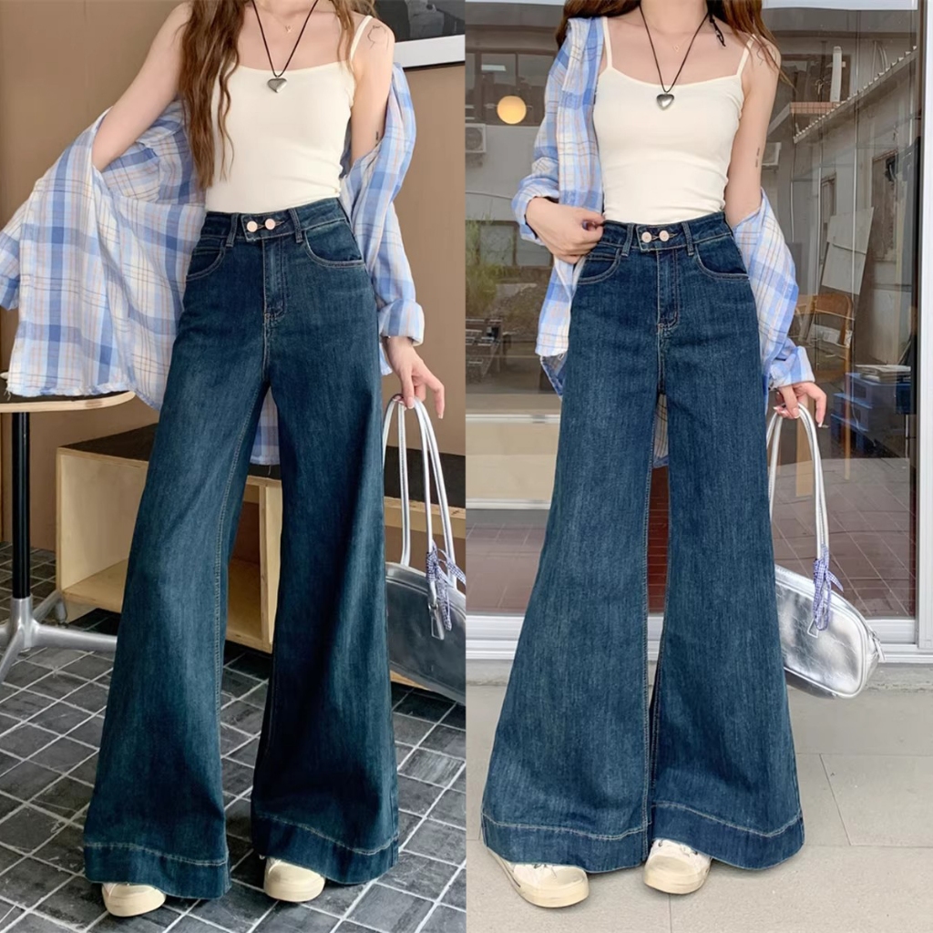 S~5XL Baggy jeans Navy Blue Korean style trendy retro dark blue jeans กางเกงขากว้างเอวสูง 2025 กางเกงยีนส์ดีไซน์กระดุมสองแถวสไตล์ใหม่