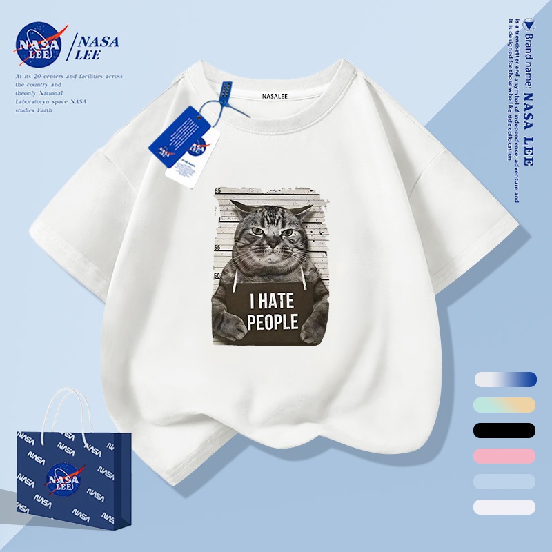 [จัดส่งในวันเดียวกัน] NASA เสื้อยืดผ้าฝ้ายแท้ สำหรับทั้งชายและหญิง เสื้อลายแมวระบายอากาศได้ดี