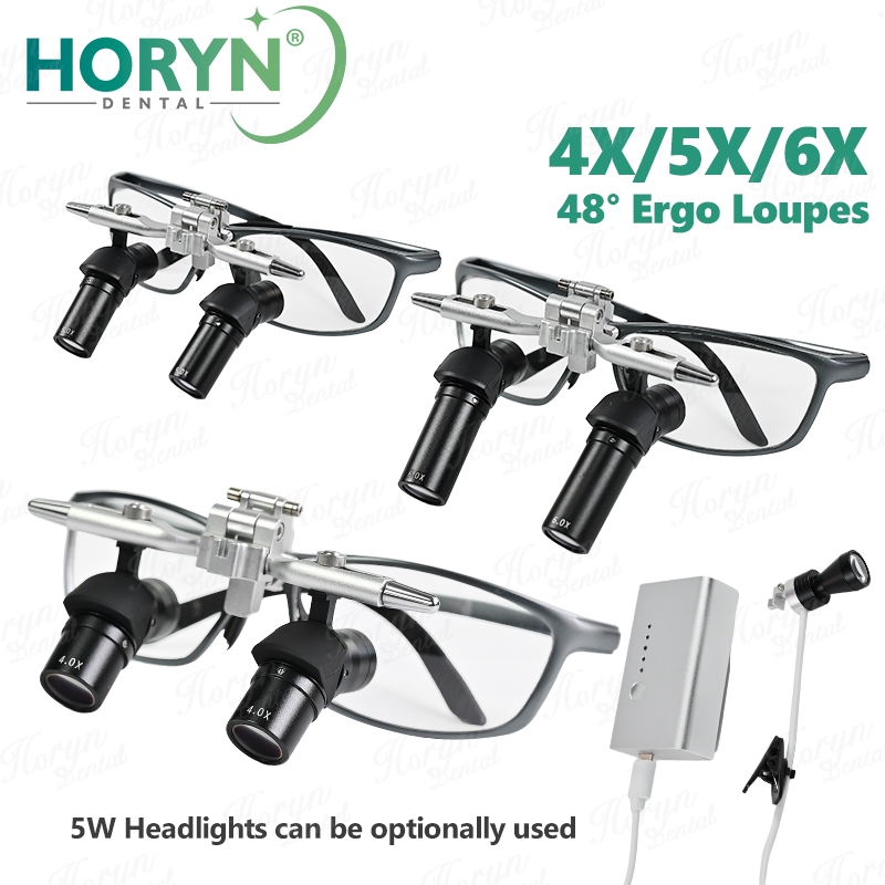 4X 5X 6X ทันตกรรม Ergo Loupes 48°แว่นขยายโครงสร้างมุมออปติคอลพร้อมไฟ LED 5W การผ่าตัดกล้องส่องทางไกล