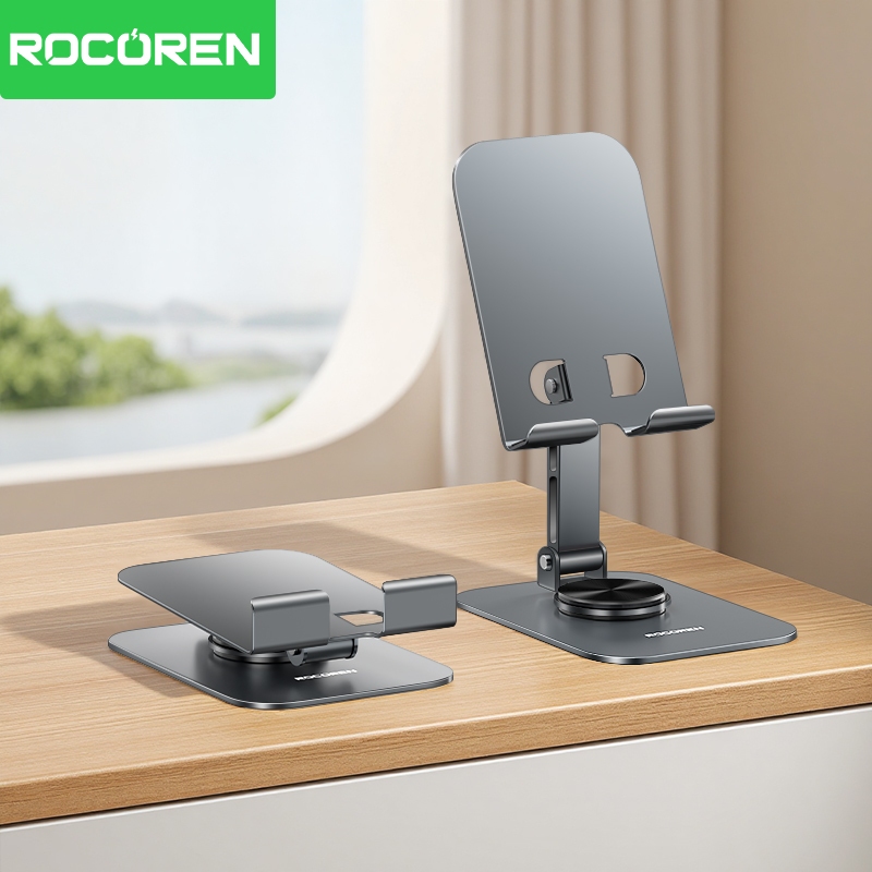 ที่วางโทรศัพท์ Rocoren 360° หมุนได้สก์ท็อปโทรศัพท์ยืนพับโลหะผู้ถือสากลสนับสนุนสําหรับแท็บเล็ตโทรศัพท์