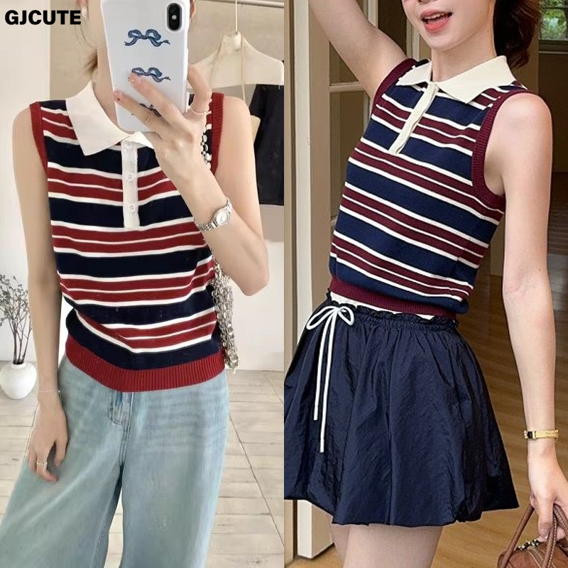 เสื้อกั๊กถักสำหรับผู้หญิง ลายทางสไตล์เรโทร คอปก สไตล์สแลม ฤดูร้อน GJCUTE