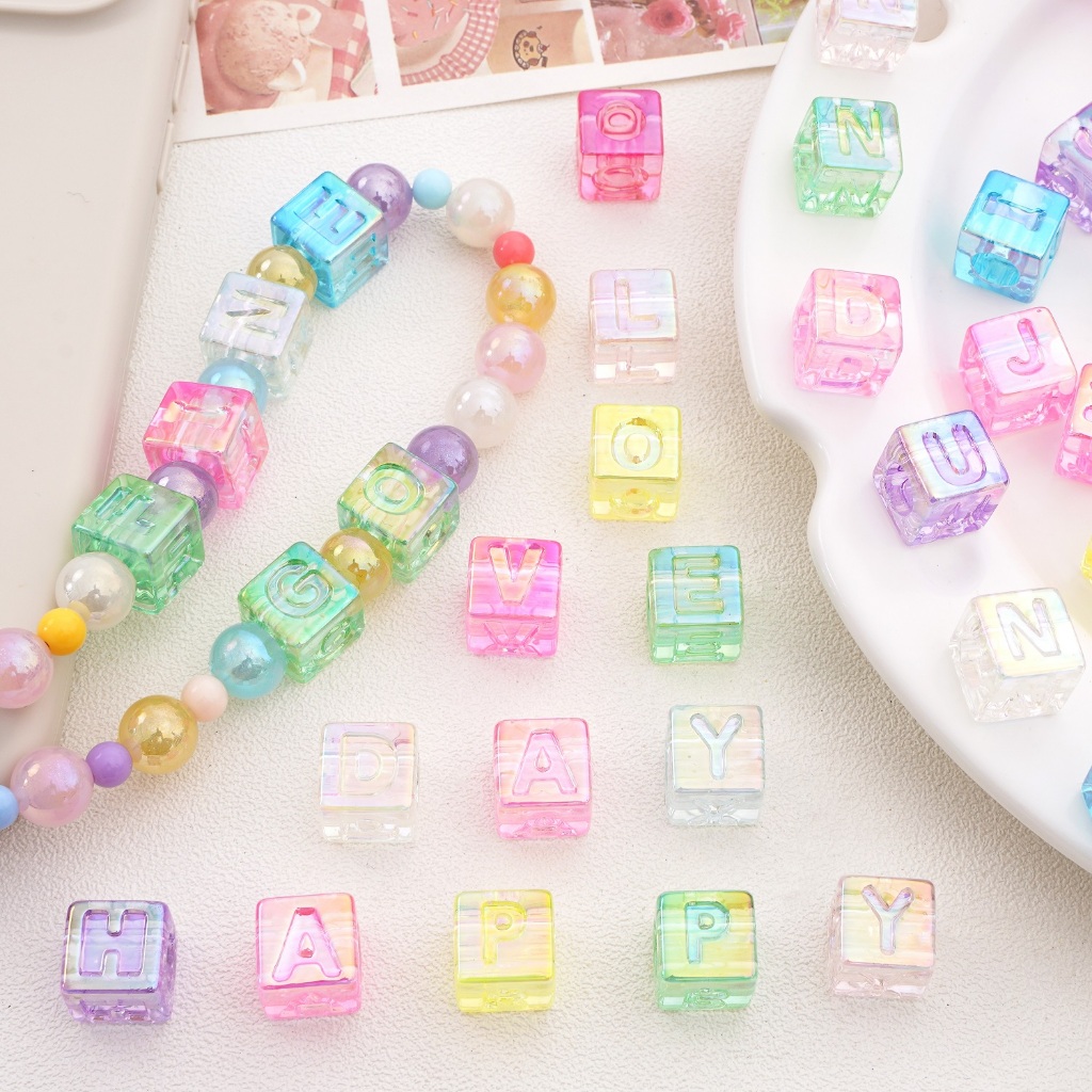 [12 มม.] 10 ชิ้น ทําเอง สีเคลือบน้ําแข็งโปร่งใสขนาดใหญ่หลุมจดหมายลูกปัดจดหมายสุ่มโปร่งใสที่มีสีสันสแควร์ลูกปัด