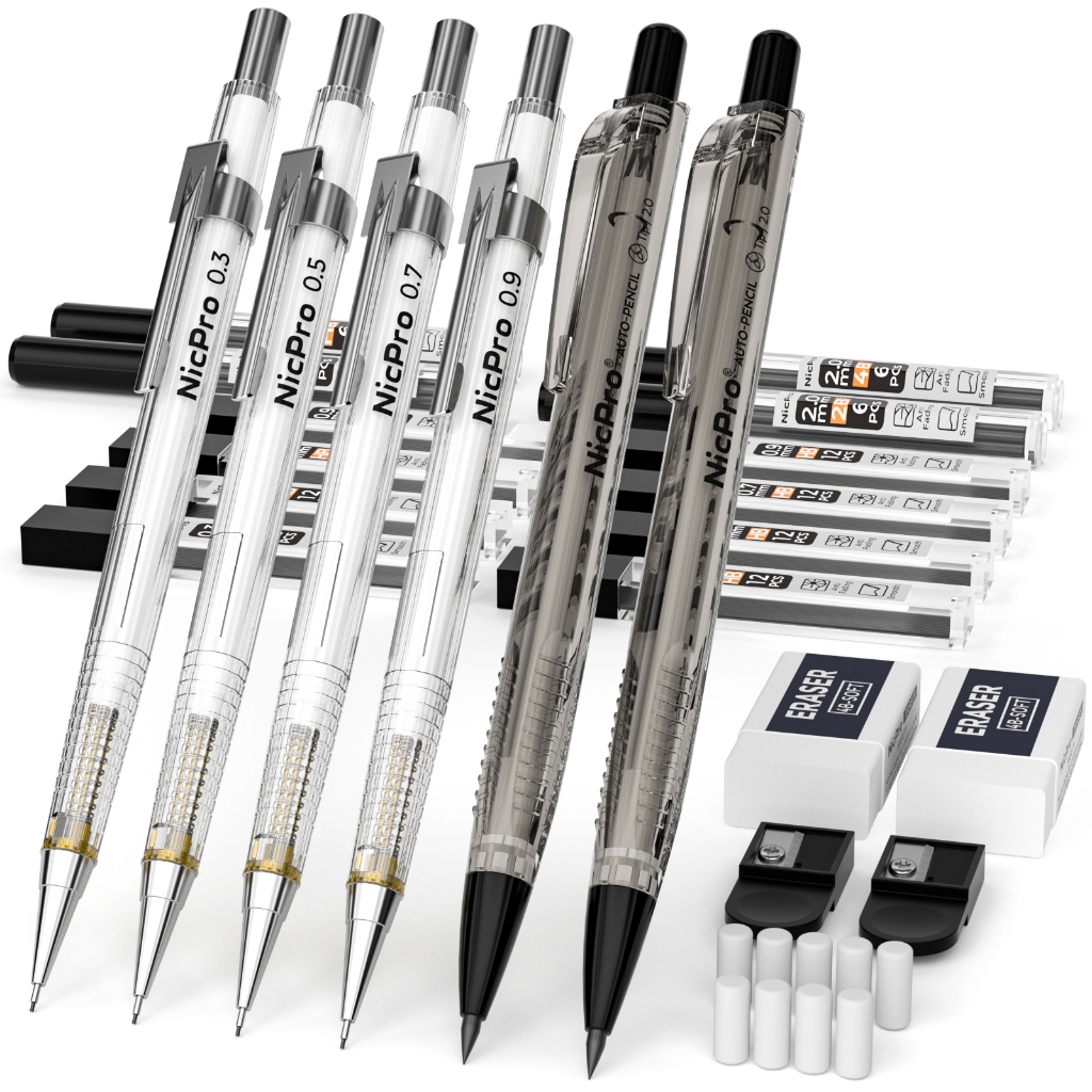 Nicpro 6PCS Art ชุดดินสอกด, 4PCS ร่างดินสอ 0.3 & 0.5 & 0.7 & 0.9 มม. & 2PCS 2 มม.ผู้ถือตะกั่ว (4B 2B HB 2H) สําหรับเขียน, Sketching วาดด้วยตะกั่ว 12 หลอด