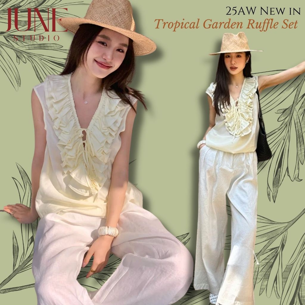 [JUNE STUDIO] ชุดสองชิ้นสไตล์อ่อนโยนของฝรั่งเศสนุ่มพิเศษหลวมเร้าใจลูกไม้ขึ้นเสื้อแขนกุด + ชุดกางเกงถ